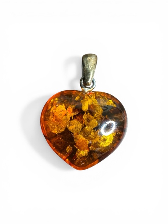 Vintage Jewelry - Genuine Baltic Amber Heart Pendant 925 Silver Honey Orange